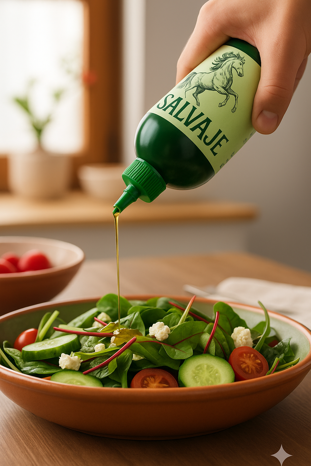 Aceite SALVAJE siendo usado en una ensalada